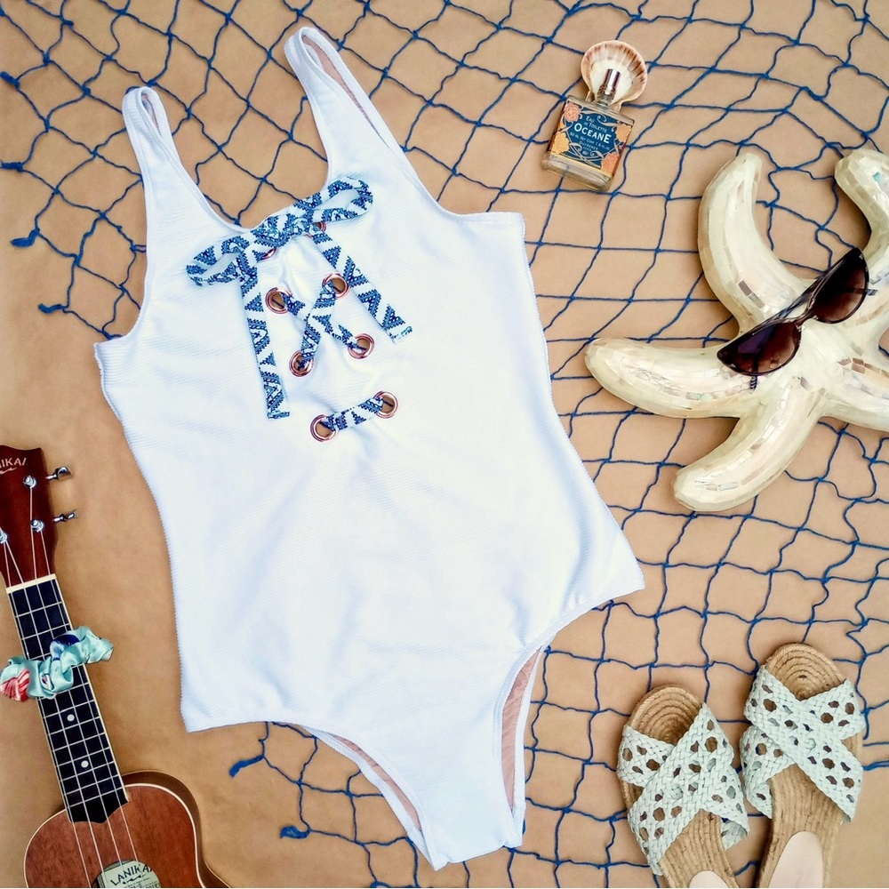 Tart Collection ❉ Tie Front Blakely Backless Ribbed One Piece Swimsuit White L